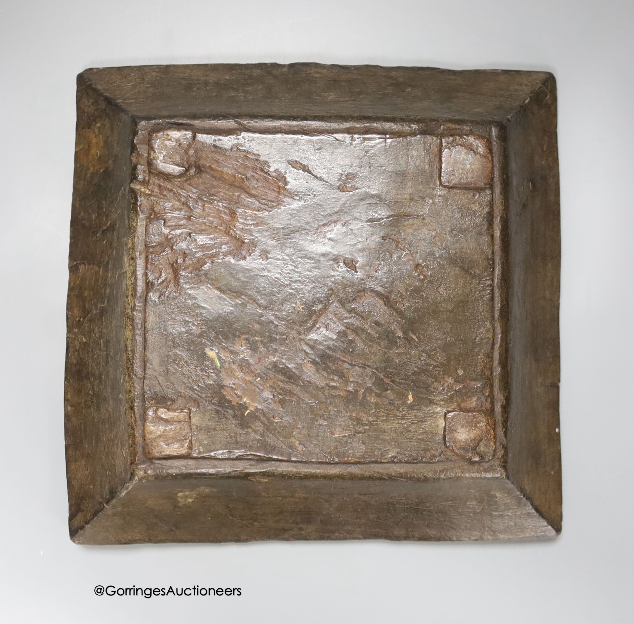 An early square wood tray, carved from the solid, possibly Spanish chestnut, 30cm, and a pair of Indian light wood stands